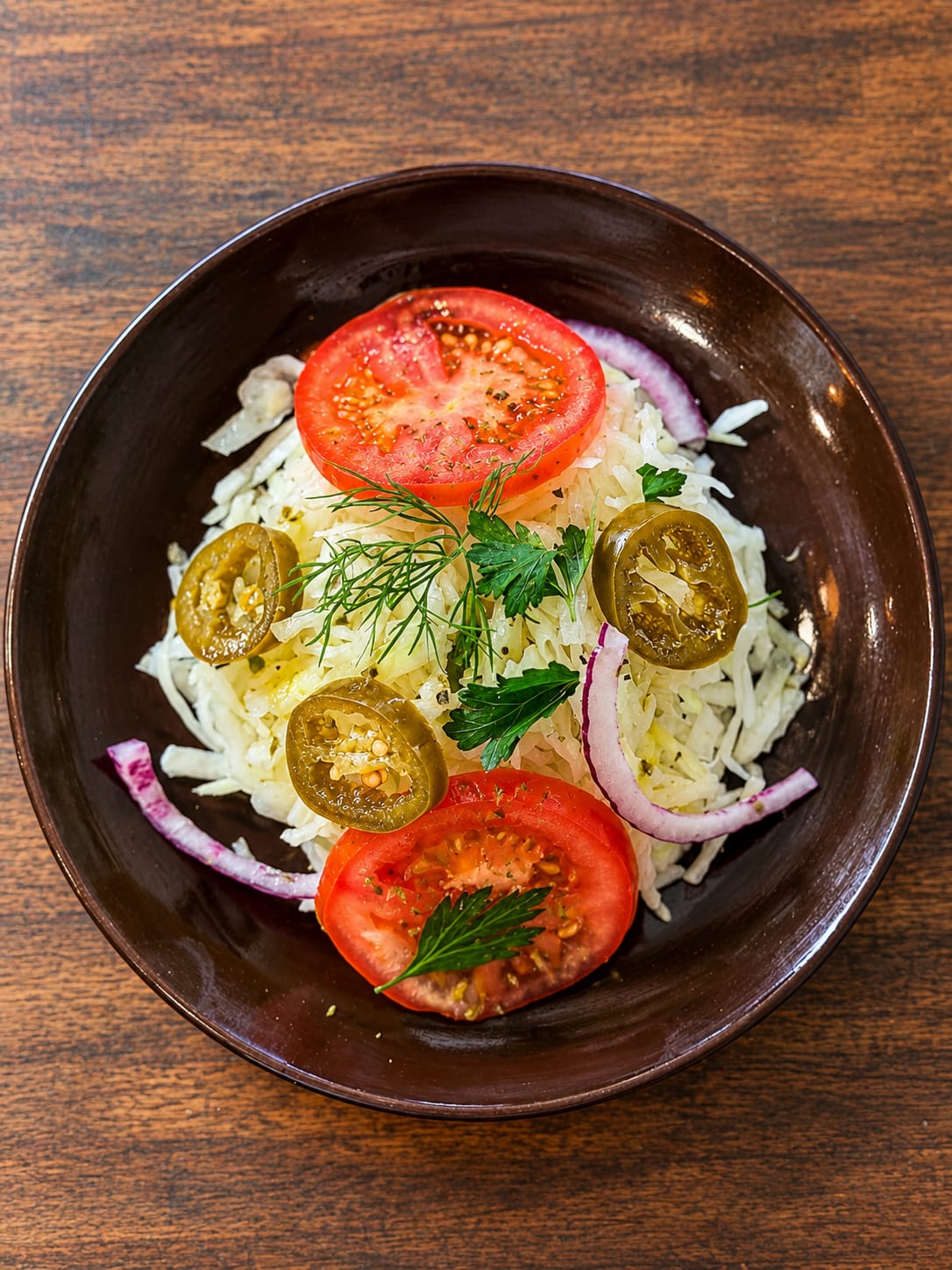 Salat mit Tomaten, Zwiebeln, Käse und Peperoni - POPI, Berlin-Schöneberg